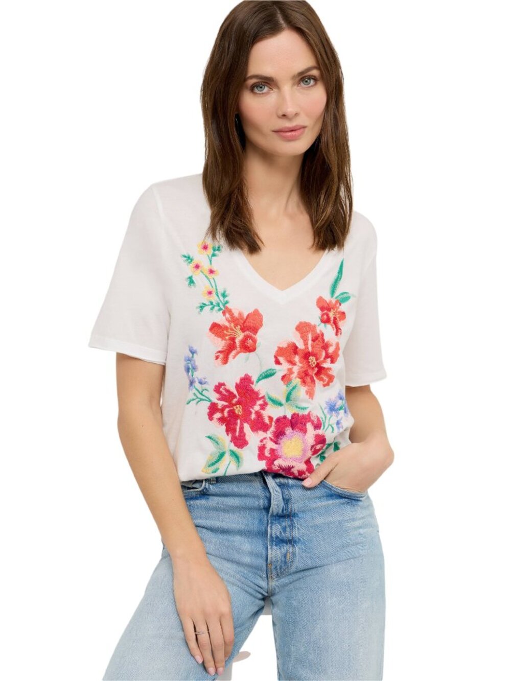 Johnny Was Celiora Raw Hem Tee Short Floral Embroidery Cotton Shirt White Top NW